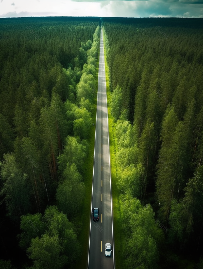 广阔俯拍笔直道路在森林中一辆行驶的车,高清,摄影图,摄影图片,图片大全,摄影图免费下载